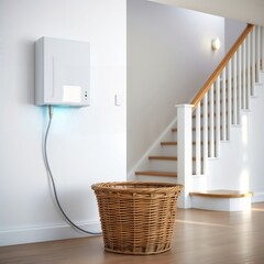 Modern home battery unit. A sleek, wall-mounted battery power pack for a residential smart home.