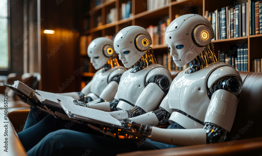 Poster humanoid robots reading books in library with digital circuits and glowing eyes, artificial intellig
