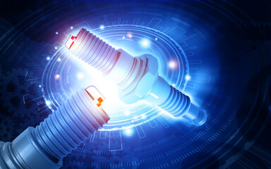 Spark plugs on abstract scientific background. 3d illustration