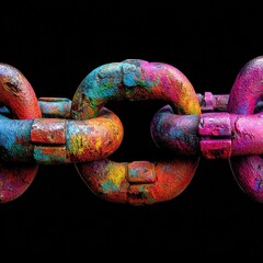 Colorful, weathered chain links against black