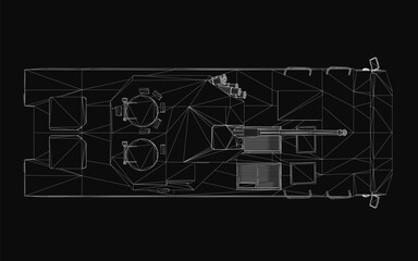 Black and white blueprint of a house reveals detailed interior layout on a dark background. The wireframe design resembles an armored troop carrier with precise structural elements.