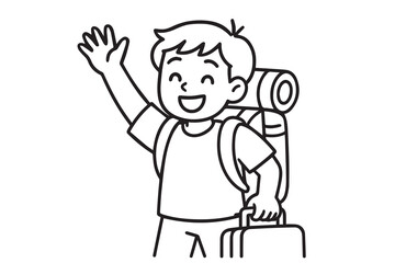 Vector artwork of a smiling boy holding a backpack, in black and white with bold black outlines, capturing the spirit of vacation, fun, and young exploration.

