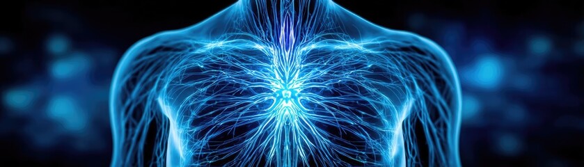 Fototapeta premium Overactive bladder in pelvic floor concept. Abstract visualization of human anatomy with glowing lines.