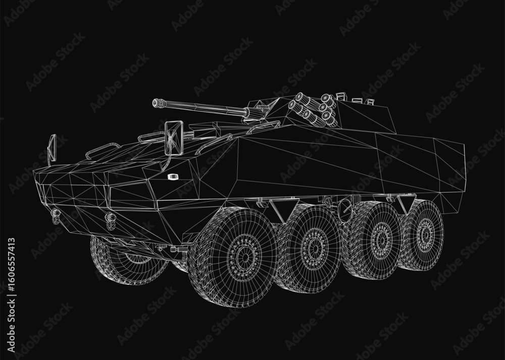 Poster armored troop carrier wireframe model with detailed 3d rendering on a black background, showcasing s