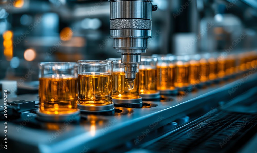 Poster automated filling machine depositing amber liquid into clear glass containers on industrial producti