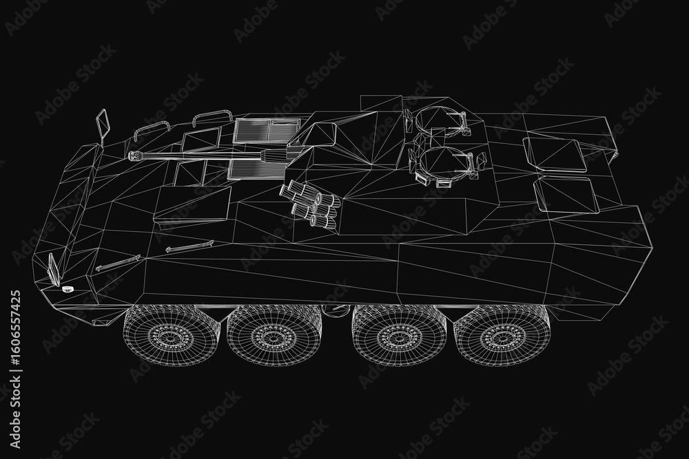 Poster armored troop carrier wireframe model with detailed 3d rendering on black background. the realistic 