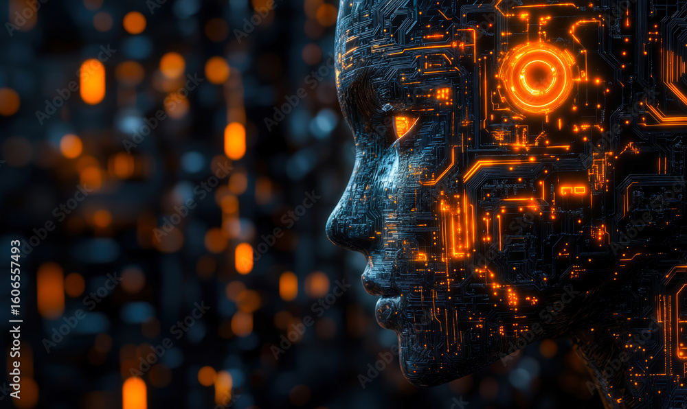 Poster futuristic digital human face with glowing orange circuit board pattern symbolizing artificial intel
