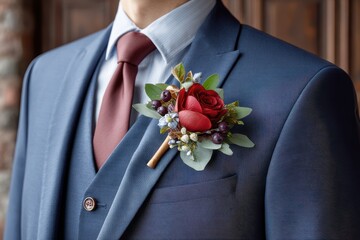 Groom in a blue suit with a red rose boutonniere and burgundy tie