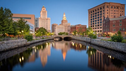 A tranquil cityscape reflected in a waterway at dawn.
