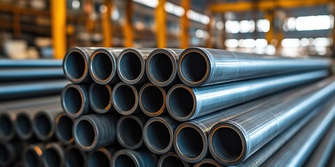 stacked steel pipes in an industrial setting, emphasizing durability and versatility for construction and installation applications, ideal for stainless steel manufacturer marketing