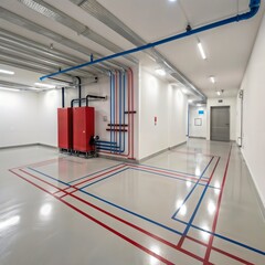 Modern industrial utility room. A clean plant room with red water heaters and color-coded piping for an efficient building energy and HVAC system.