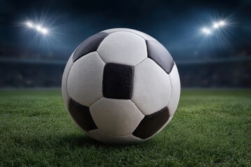 Classic soccer ball on a lush green field under stadium lights