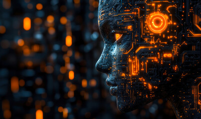 Futuristic digital human face with glowing orange circuit board pattern symbolizing artificial intelligence technology and advanced machine learning concepts in dark background