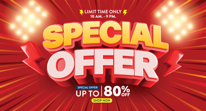 Special Offer Banner Vector Template with Bold 3D Text and Lightning Bolts on a Red Background, Highlighting a Limited Time Sale Event,Perfect for sales banner designs on social media and websites