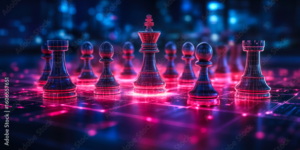 Poster digital chess pieces lineup on futuristic neon grid representing strategic technology and artificial