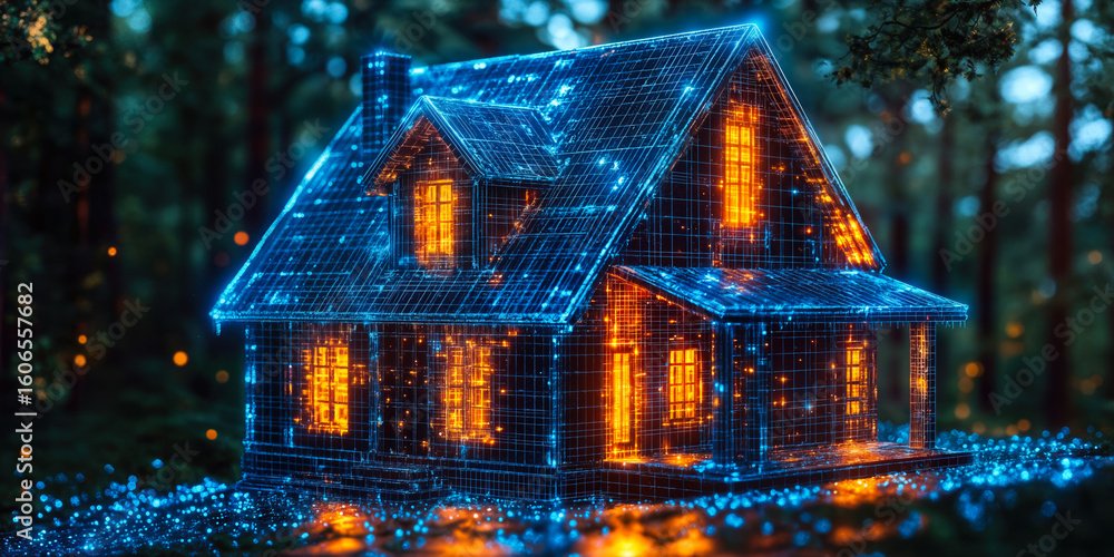 Poster 3d wireframe model of house with glowing windows in forest environment, digital real estate concept 
