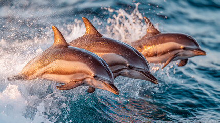 Three dolphins leaping from the ocean in a splash of water marine wildlife photography adventure travel destination