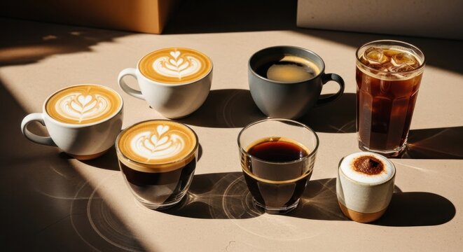 Coffee variety latte art, black, iced, various glass/mug types on flat surface