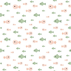 Ocean fish seamless pattern in cartoon flat style. Cute sea hand drawn vector background