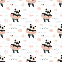 Summer seamless pattern with cute panda, fish, starfish, seashell and waves. Sea vector background