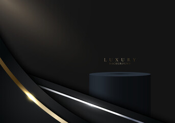 3D realistic black cylinder podium in gold curve graphic with lighting on dark studio room