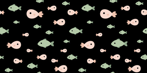 Ocean fish seamless pattern in cartoon flat style. Cute sea hand drawn vector background