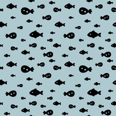 Ocean seamless pattern with fish and seaweeds in silhouette style. Cute sea vector background