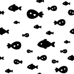 Ocean seamless pattern with fish and seaweeds in black and white silhouette style. Cute sea vector background