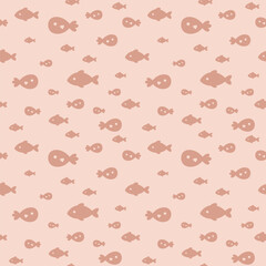  Pink ocean seamless pattern with fish and seaweeds in silhouette style. Cute sea vector background