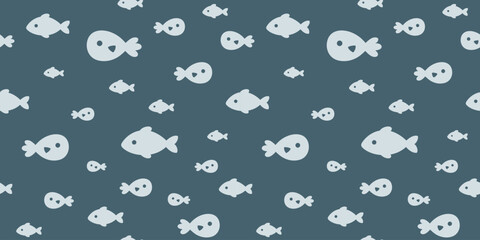 Ocean seamless pattern with fish and seaweeds in silhouette style. Cute sea vector background