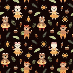 Summer seamless pattern with cute animals and seasonal beach objects. Vector illustration