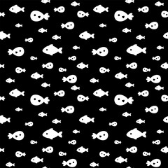 Ocean seamless pattern with fish and seaweeds in black and white silhouette style. Cute sea vector background