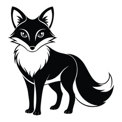 Stylized Black and White Fox Illustration Standing Calmly with Detailed Fur and Expressive Eyes on a Clean White Background