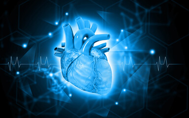 Human heart anatomy blue color, science and medical background. 3d illustration