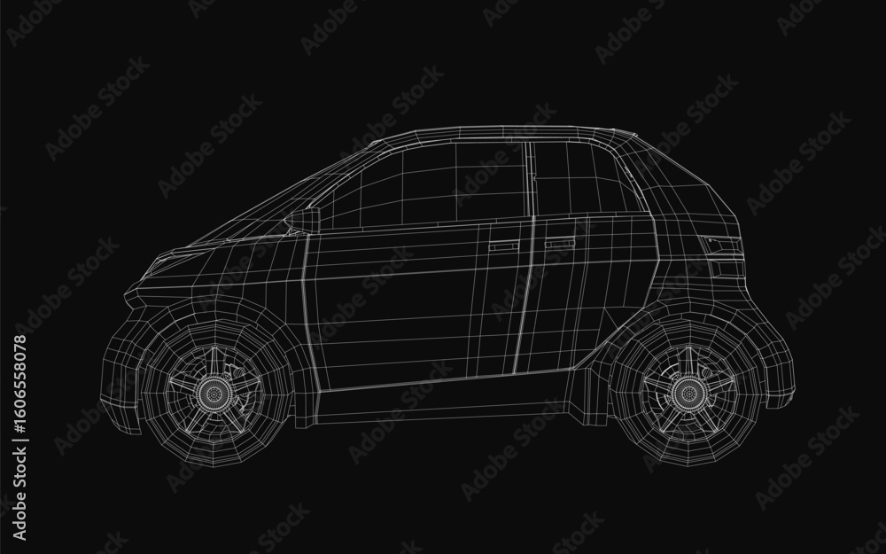 Poster a small car wireframe model displays intricate 3d details on a sleek black background. the transpare
