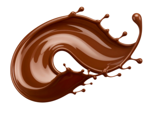 Macro image of swirling glossy chocolate splashes on white background for food product packaging, dessert advertisements, confectionery content, and culinary projects.