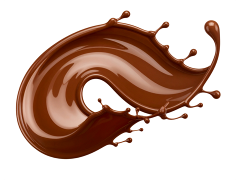 Macro image of swirling glossy chocolate splashes on white background for food product packaging, dessert advertisements, confectionery content, and culinary projects.