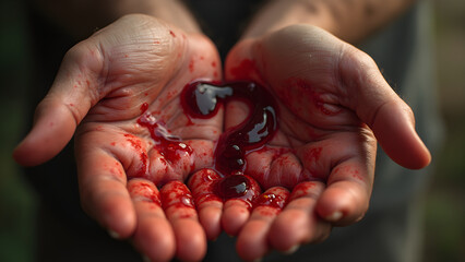 Blood droplets art concept. Question mark symbolism in time. Ultra realistic blood art. Meaning and interpretation of blood in art.