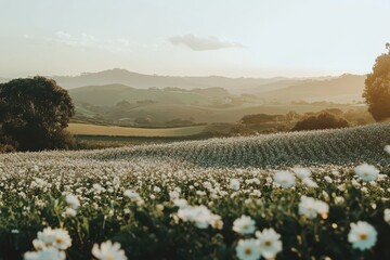 Lush field of white flowers stretches towards a hazy mountain range.