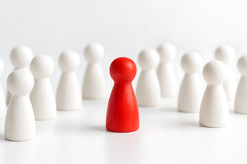 Red figure standing out among white figures, leadership, individuality, uniqueness, and team diversity concept on white background