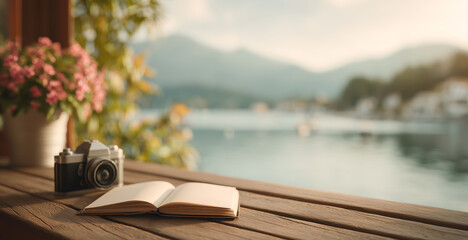 Obraz premium A peaceful lakeside setting features an open notebook and a camera on a wooden table, inviting travelers to document their experiences.