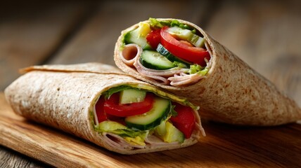 Healthy diabetic-friendly vegetable wrap with lean meat in whole grain tortilla served on a wooden board