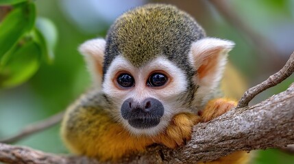 "Close-up of a Curious Squirrel Monkey Resting on a Tree Branch"