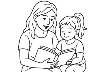 Vector artwork in black and white illustrates a mother helping her daughter read a book, outlined in black, representing nurturing guidance, literacy, and family connection.

