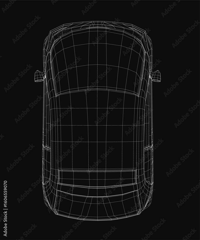 Poster a small car wireframe model displays intricate 3d details on a sleek black background. the transpare