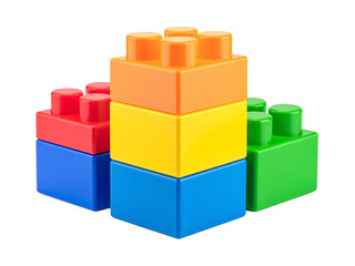 Obraz premium Colorful plastic building blocks stacked on white surface. Perfect for education, childhood, creativity, toy, and construction concept designs.
