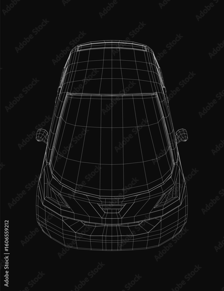 Poster a small car wireframe model displays intricate 3d details on a sleek black background. the transpare