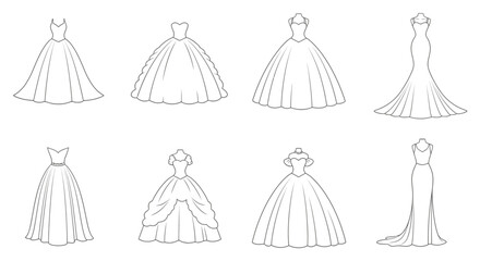 Outline of various wedding dress designs in minimalist style  