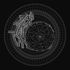 Black and white hamburger illustration with clean white contour lines centered in a circle on a dark background, featuring a minimalist design, strong contrast, and bold visual impact.