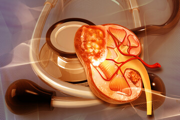 Diseased kidney on stethoscope, science and medical background. background. 3d illustration